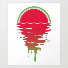 a piece of watermelon floating on top of the ocean with green and red drips