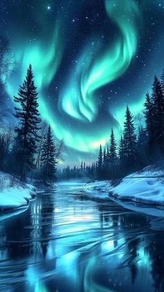 an aurora bore is shown in the night sky over a river and forest with snow