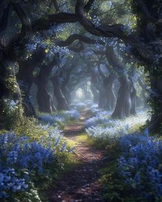 an image of a forest with blue flowers