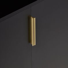 a close up of a metal door handle on a gray cabinet with gold trimmings