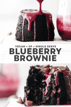 a chocolate cake with blueberry sauce on top