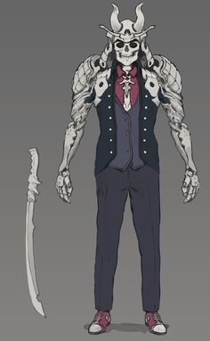 a drawing of a skeleton wearing a vest and bow tie with a knife in his hand