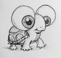 a drawing of a little turtle with big eyes