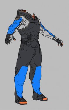 a drawing of a man in blue and black gear with his arms out, standing