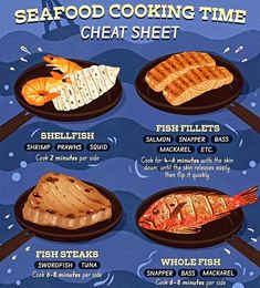 an advertisement for seafood cooking time on a blue background with different types of fish and other foods