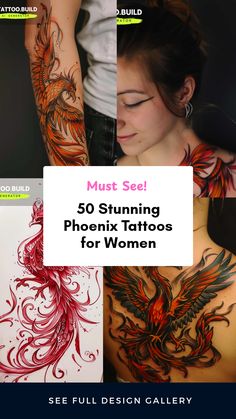 This pin features 50 dazzling phoenix tattoo ideas for women, showcasing dynamic designs including amazing arm and back tattoos, perfect for those looking to symbolize strength and renewal.