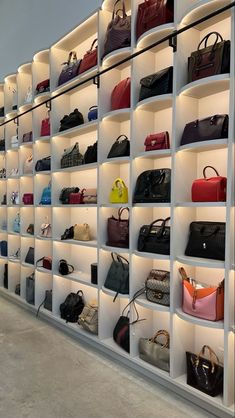 the shelves are filled with purses and handbags