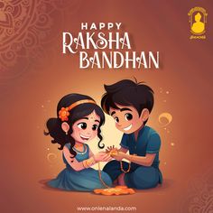 happy raksha bandhan greeting card with cartoon character and girl on brown background