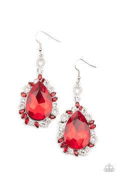 Featuring round, teardrop, and oval shapes, red and white rhinestone encrusted filigree borders a dramatically oversized red rhinestone teardrop for a jaw-dropping dazzle. Earring attaches to a standard fishhook fitting. Sold as one pair of earrings. Rose Gold Frame, Twisted Metal, Vintage Display, Beaded Wraps, Teardrop Beads, Paparazzi Accessories, Red Earrings, Blue Gems, Floral Fashion