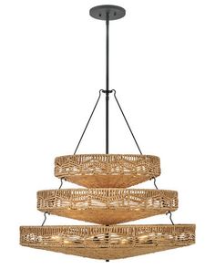 a chandelier made out of wicker with lights hanging from the top and bottom