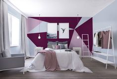 a bedroom decorated in shades of purple and white with pink accents on the walls, along with grey furniture