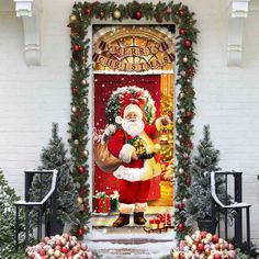 an image of santa claus on the front door with christmas decorations around him and presents