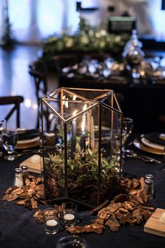 the centerpieces on this table are filled with moss and lit candles, along with small succulents