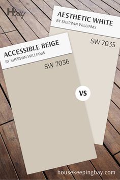 Comparison between Sherwin Williams Accessible Beige SW 7036 and Aesthetic White SW 7035. Accessible Beige is a warm greige, while Aesthetic White is a soft, warm off-white with subtle beige undertones, ideal for bright, neutral interiors. Assessible Beige, Sw Aesthetic White, Alabaster And Accessible Beige, While Aesthetic, Accessible Beige Sw, Accessible Beige Sherwin Williams, Sherwin Williams Accessible Beige, Feel Aesthetic, Moms Kitchen