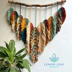 there is a plant next to a wall hanging with feathers on it and the words lemon leaf written below