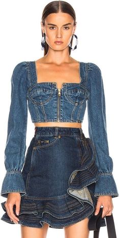 Denim Bustier Outfit, Denim Bustier Top, Denim Bustier, Denim Outfits, Denim On Denim, Denim Wear, Lee Denim, Looks Chic