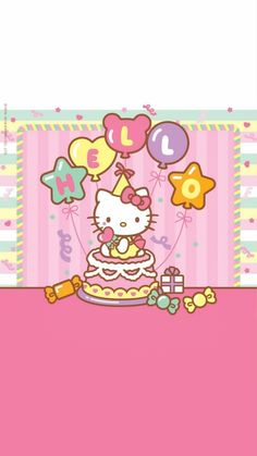 hello kitty birthday card with balloons and cake