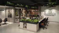 an office with plants on the desks and chairs in front of glass walls that say teamwork