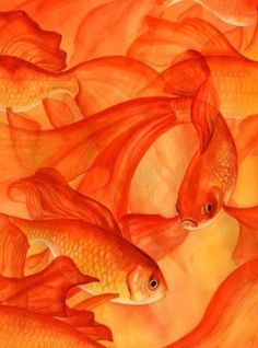 a painting of goldfish in an orange background