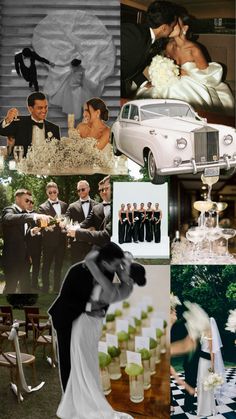 a collage of wedding pictures with bride and groom in black, white and green