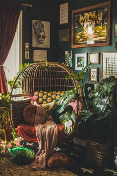 a bird cage sitting on top of a couch next to a potted plant in a living room