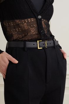 Those who believe style is all in the details won't want to miss SAINT LAURENT's belt. It's made from timeless and versatile black textured-leather and has the house's iconic 'YSL' hardware. Ysl Belt Outfit, Luau Costume, Ysl Runway, Saint Laurent Aesthetic, Designer Wishlist, Workwear Women, Corporate Outfit, Hawaiian Clothing, Professional Workwear