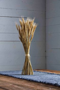 a bunch of dry grass sitting on top of a wooden floor next to a blue rug