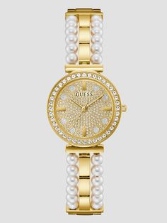 A delicate option for dressing up, this stunning gold-tone watch features diamond detailing throughout the round case and shimmering analog dial. Finished by smooth pearl accents on the polished link bracelet. Watch Diamond, Diamond Watches, Pearl Watch, Vintage Womens Watch, Guess Women Watches, Guess Watch, Vintage Watches Women, Gold Watches Women, Analog Watch