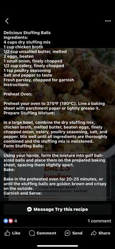 the recipe for chicken balls is shown in this screenshote screen shot, with text added