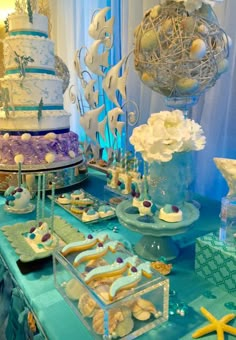 a table topped with lots of cakes and desserts