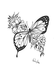 a black and white drawing of a butterfly with flowers on it's back wing