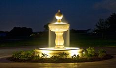 a lit up fountain in the middle of a park