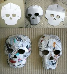 paper mache skull masks made from newspaper strips and other items to make them look like they have been cut out