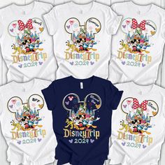 mickey and minnie mouse shirts with the disney logo on them, all printed in different colors