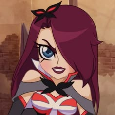 a cartoon girl with red hair and blue eyes wearing a black bow around her neck