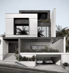 an architecturally designed house on the corner of a street with cars parked in front