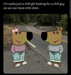 two cartoon dogs standing on the side of a road with their heads turned to look like they are looking at each other