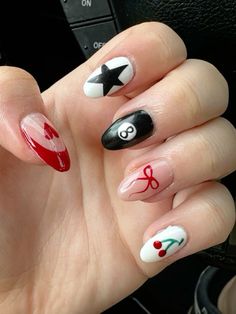 Red Cherry 8 Ball Nails, Darts Nails, How To Do A Bow On Nails, 8 Ball Cherry Nails, Easy Cherry Nails, Cute Back To School Nail Ideas, Cherry Bow Nails, Cherry And Bow Nails