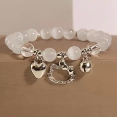 1pc. Beaded Cat Charm Bracelet. New! Features An Adorable Trio Of Charms Along A Beautiful String Of Milky White Beads To Create An Adorable Feline Accessory. 2.28in. Circumference. Silver Finish. **All Sales Are Final** Cat Bell, Love Bells, Diy Armband, Friend Jewelry, Couple Bracelet, Best Friend Jewelry