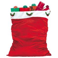 a bag filled with presents sitting on top of a white floor