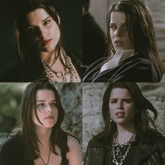 four pictures of the same woman in different outfits and necklaces, one is looking at the camera