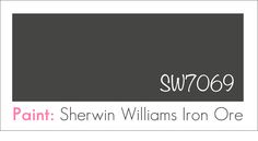 the words paint shewin williams iron one are in white and pink letters on a gray background