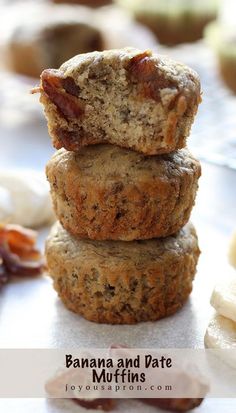 three banana and date muffins stacked on top of each other