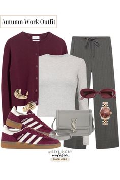 Burgundy and grey outfit, burgundy knit cardigan, straight leg pinstripe trousers, Adidas Spezial trainers, grey long sleeve top, YSL Solferino bag & burgundy accessories. Autumn outfit, knitwear, work wear outfit, office outfit, casual chic.  #liketkit #LTKeurope #LTKautumn #LTKworkwear #burgundy #falltrend #autumncolors #autumnoutfit #falloutfitsforwork #fallworkwear #falloutfitideas #adidasspezials #workwear #smartcasual #ootdinspo @shopLTK Grey And Burgundy Outfits For Women, Grey Knitwear Outfits, Casual Chic Work Outfit Office Wear, Burgundy Spezial Outfit, Samba Og Maroon Outfit, Burgundy Top Outfit Work, Grey Samba Outfit, Burgundy Trouser Outfit Women, Burgundy Tennis Shoes Outfit