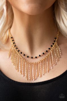 A row of dainty black beads gives way to a row of free-falling gold chains, creating an edgy fringe below the collar. Features an adjustable clasp closure. Sold as one individual necklace. Includes one pair of matching earrings. P2ED-GDXX-125XX Edgy Fringe, Gold Fringe Necklace, Sell Jewelry, Chain Fringe, Gold Fringe, Black Bead Necklace, Fringe Necklace, Gold Jewelry Necklace, Paparazzi Accessories