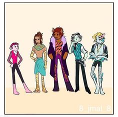 an image of five cartoon characters standing in front of each other, all wearing different outfits