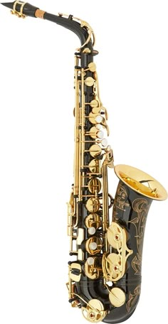 a black and gold saxophone is shown against a white background