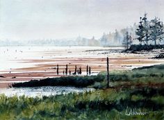 a watercolor painting of a lake with trees on the shore and grass in the foreground