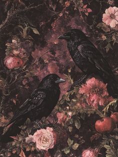 Raven With Flowers, Raven Background, Sylvie Aesthetic, Vanessa Aesthetic, Raven Core, Gothic Spring, Academia Prints, Witch Store, Gothic Coquette