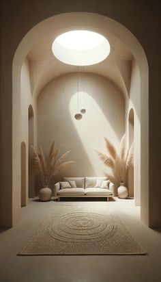 an archway leading into a living room with a couch and rug on the floor in front of it